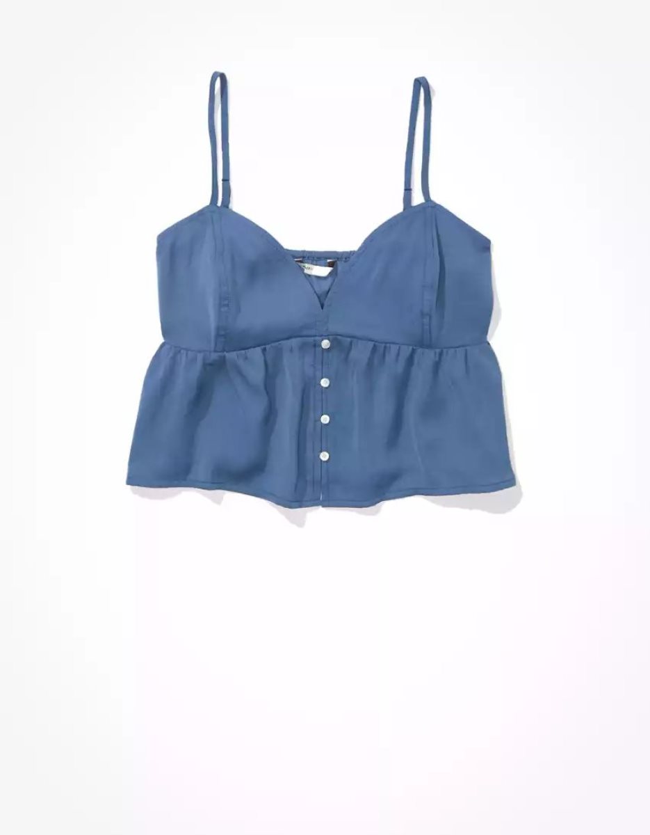 Chemises American Eagle AE Satin Babydoll Blouse Bleu Femme | CVS-16256419